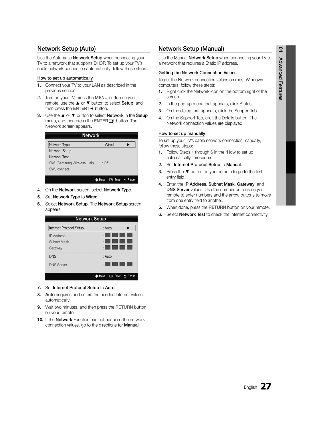 Samsung UN55C6400, 6500, UN46C6400 Network Setup Auto, Network Setup Manual, Network Type Wired Network Setup Network Test 