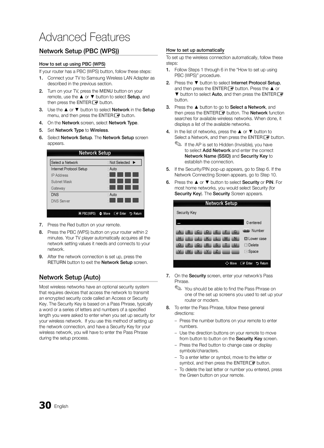 Samsung UN55C6400, UN46C6400, UN40C6500 user manual Network Setup PBC WPS, Security Key Entered ~9 Number 