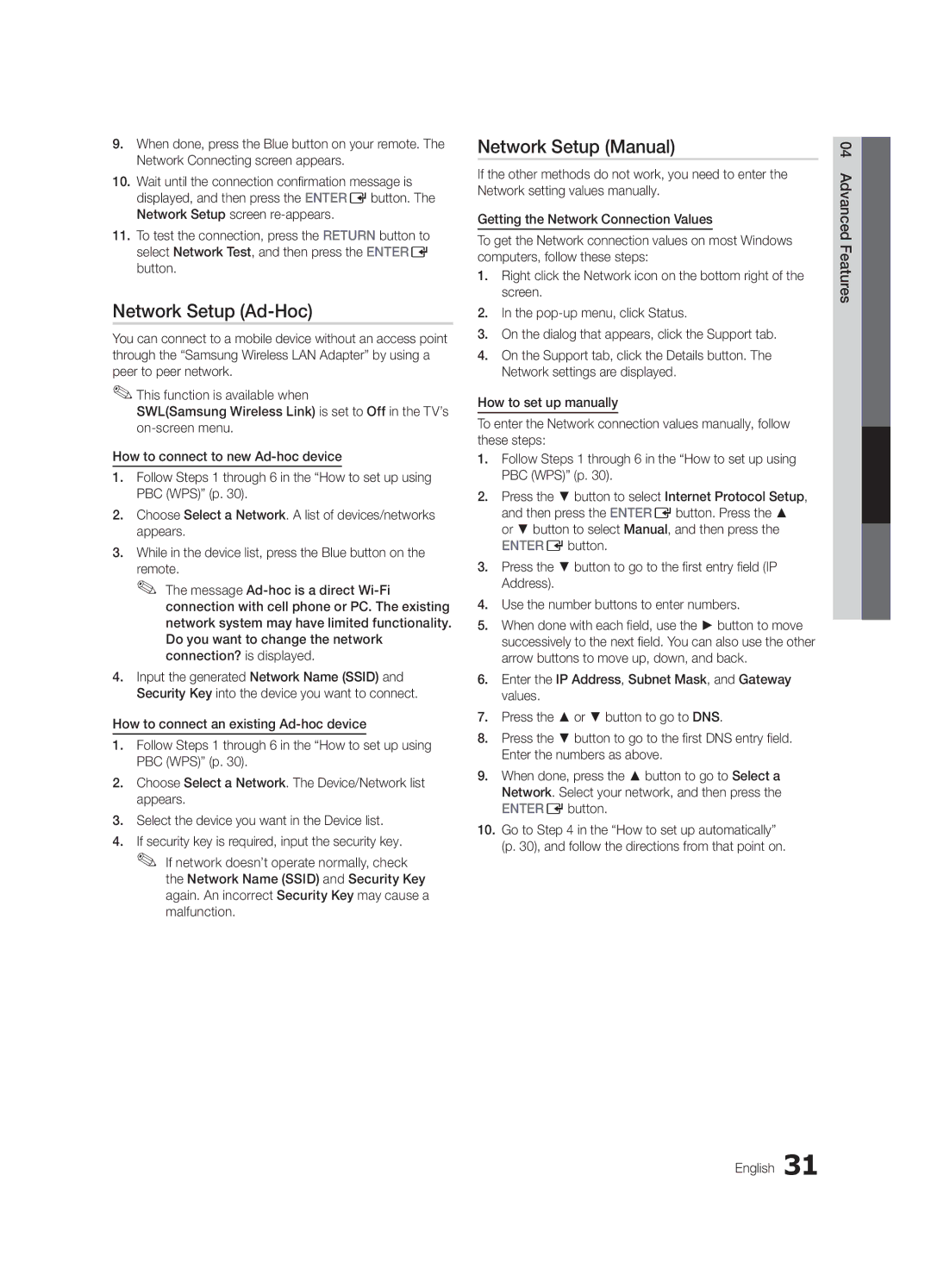 Samsung UN55C6400, UN46C6400, UN40C6500 user manual Network Setup Ad-Hoc, 04Features Advanced English 