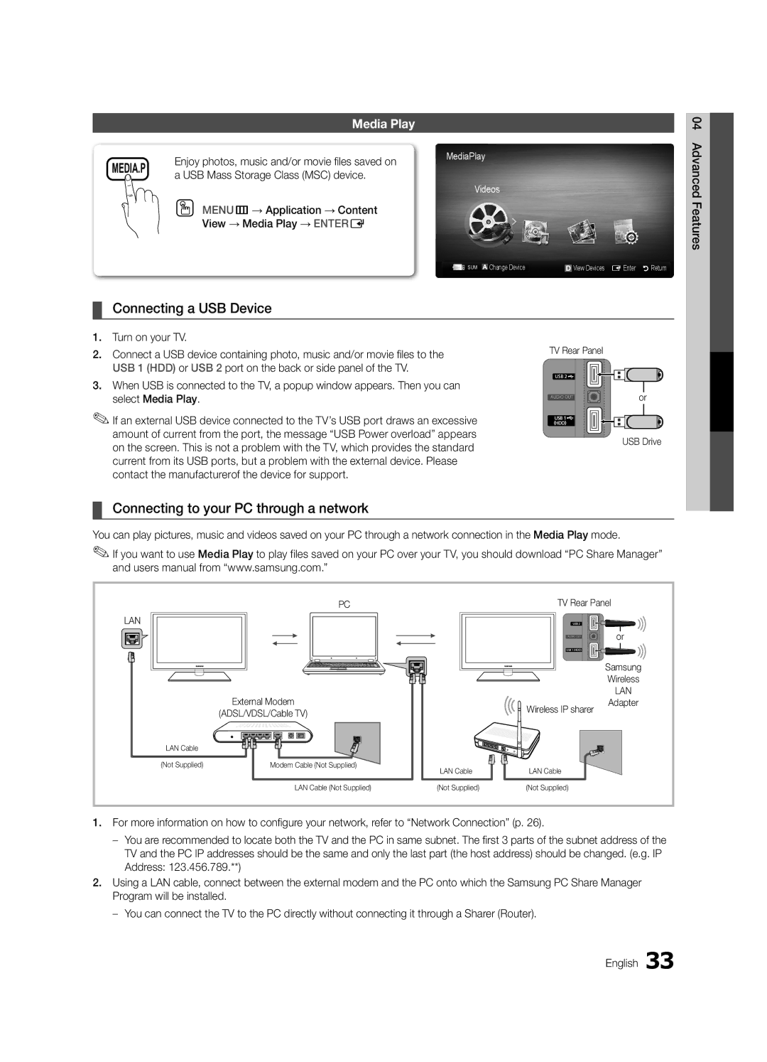 Samsung UN46C6400, UN55C6400, UN40C6500 Connecting a USB Device, Connecting to your PC through a network, Media Play 