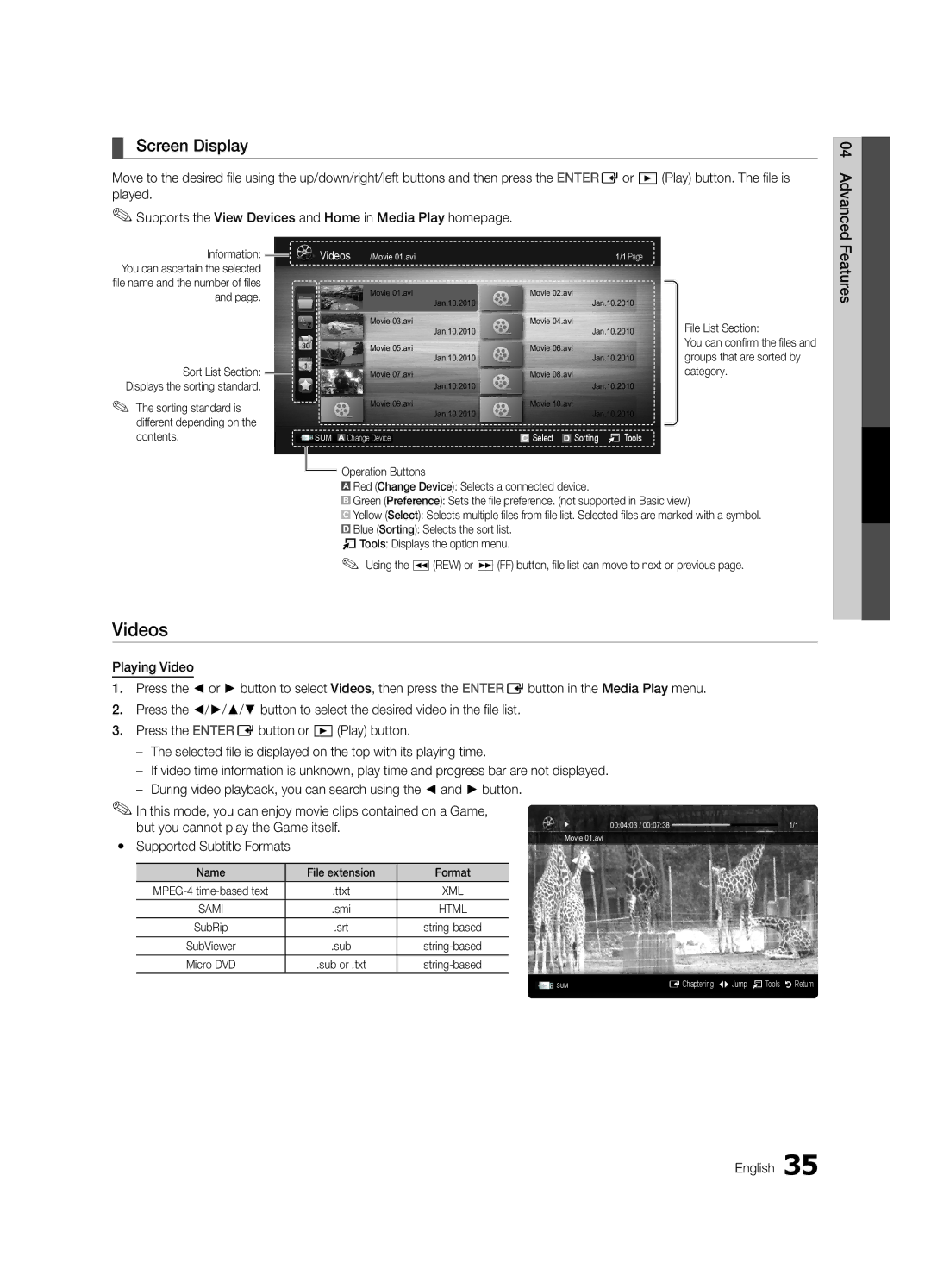 Samsung 6500 Videos, Screen Display, Sorting standard is different depending on the contents, Name File extension Format 