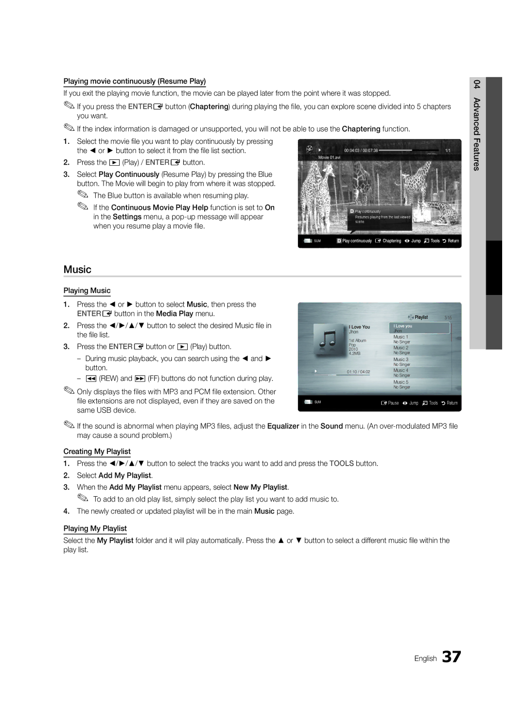 Samsung UN55C6400, UN46C6400, UN40C6500 user manual Music 