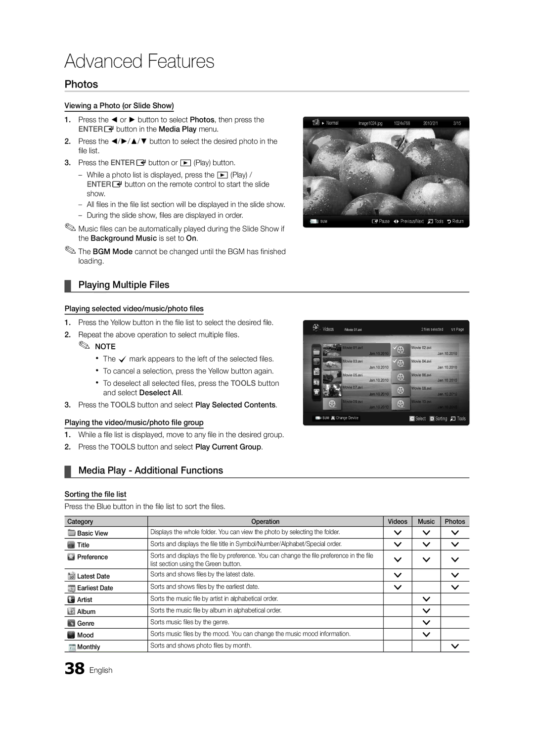 Samsung UN46C6400 Photos, Playing Multiple Files, Media Play Additional Functions, List section using the Green button 