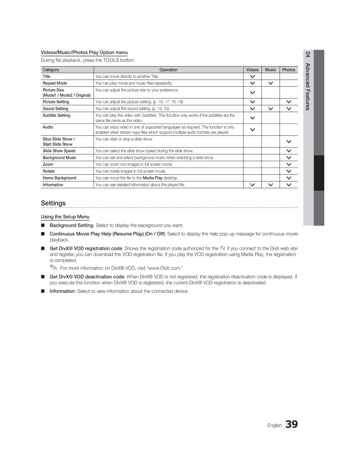 Samsung UN40C6500, UN55C6400, UN46C6400 user manual Settings, Same file name as the video Audio 