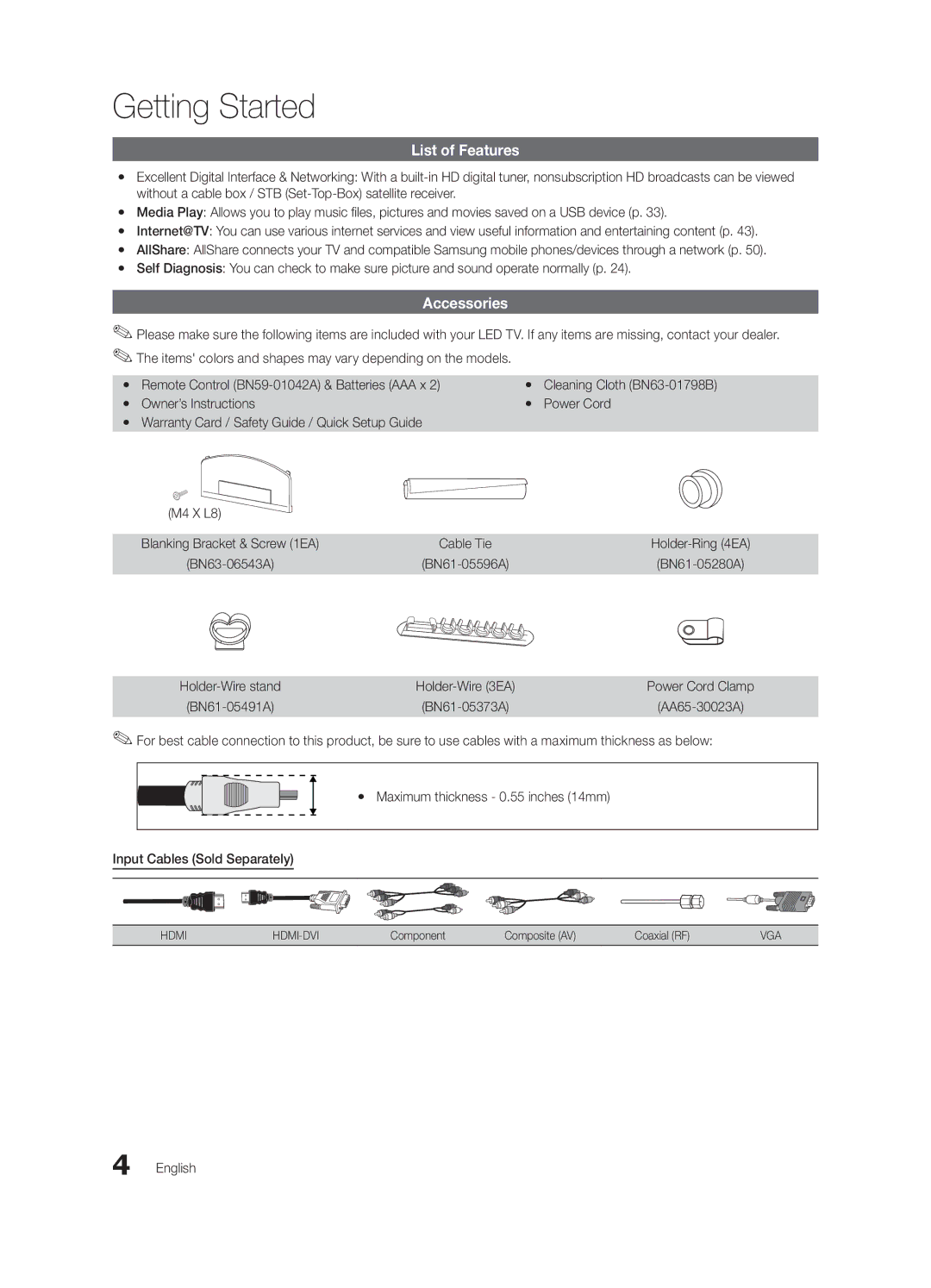 Samsung UN40C6500, 6400 List of Features, Accessories, Cleaning Cloth BN63-01798B, Component Composite AV Coaxial RF 