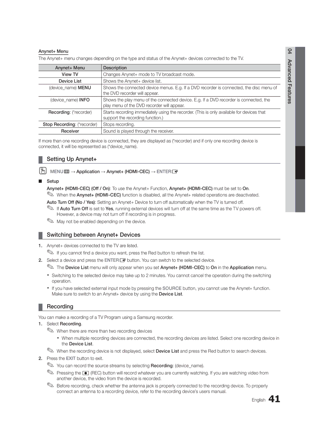 Samsung UN55C6400, UN46C6400, UN40C6500 user manual Setting Up Anynet+, Switching between Anynet+ Devices, Recording 