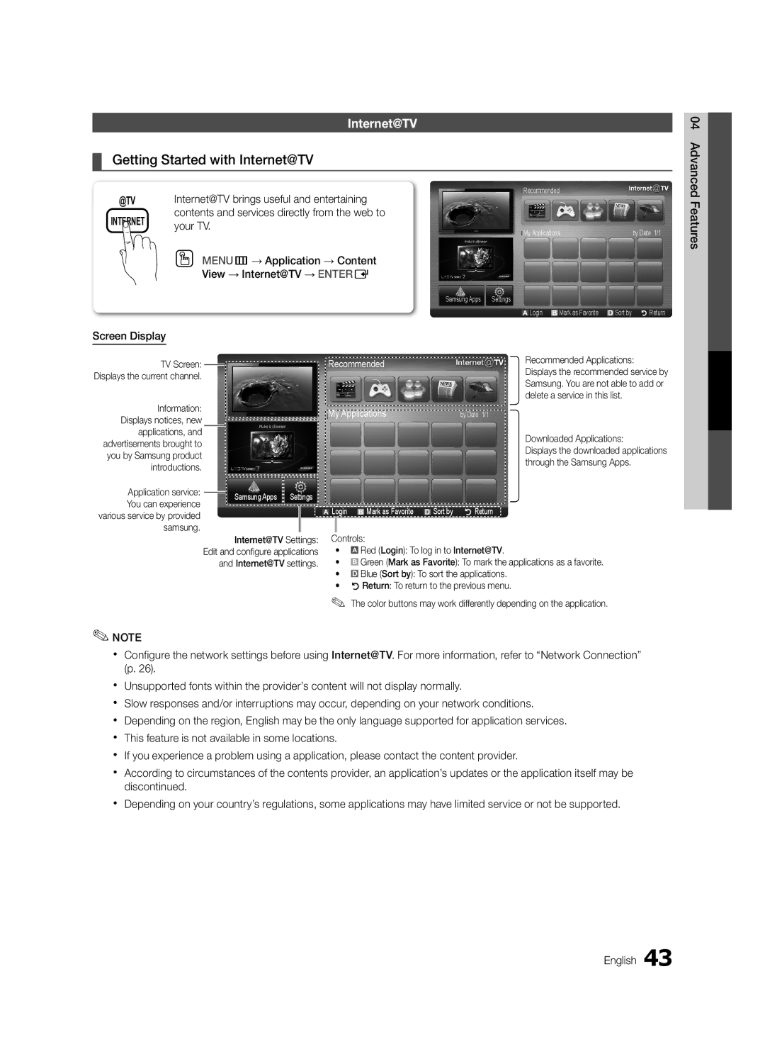 Samsung UN46C6400, UN55C6400, UN40C6500 user manual Getting Started with Internet@TV, Advanced, Features Screen Display 