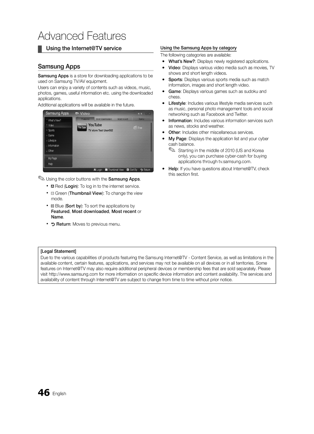 Samsung UN55C6400, UN46C6400, UN40C6500 user manual Samsung Apps, Using the Internet@TV service 