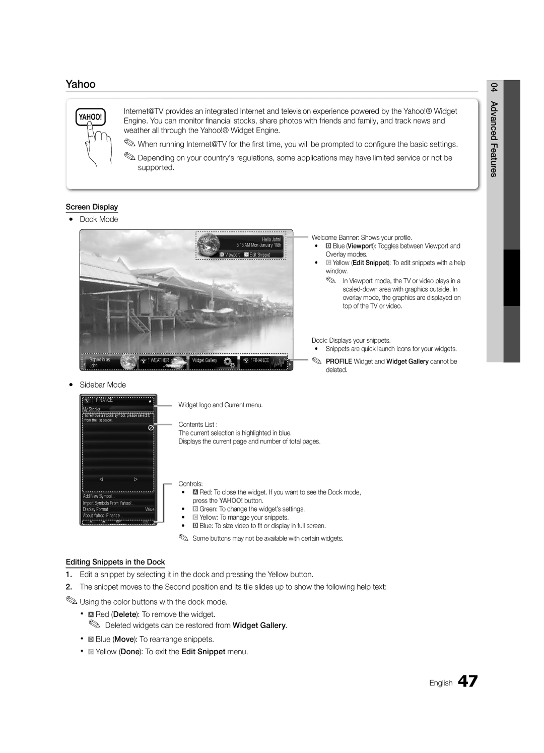 Samsung UN55C6400, UN46C6400, UN40C6500 user manual Yahoo, Sidebar Mode 