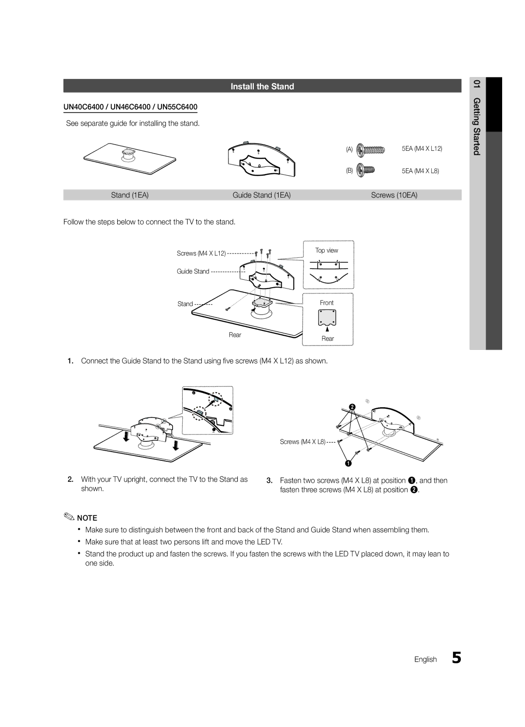 Samsung UN55C6400, UN46C6400, UN40C6500 user manual Install the Stand, Guide Stand 1EA, Rear 