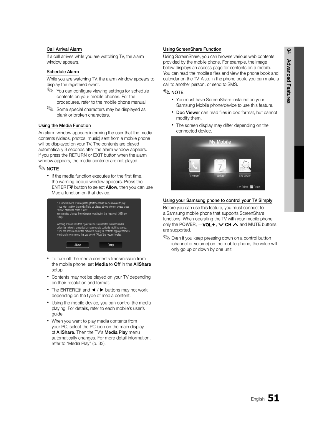 Samsung UN55C6400, UN46C6400, UN40C6500 user manual My Mobile 