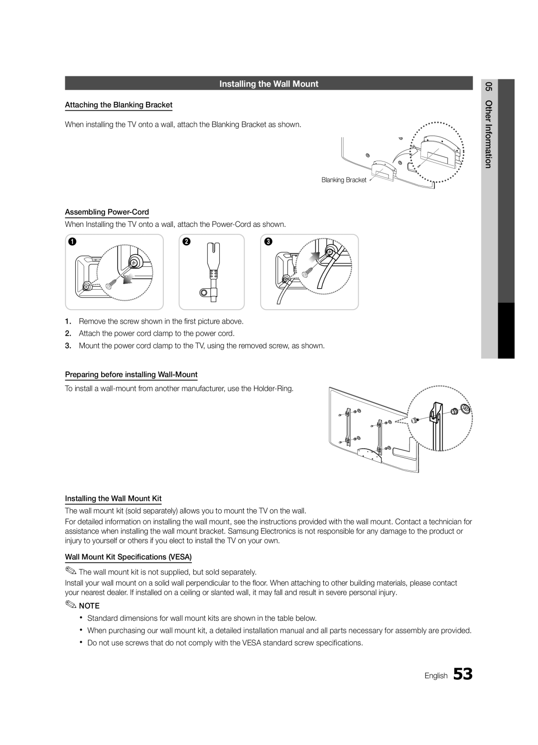 Samsung UN46C6400, UN55C6400, UN40C6500 user manual Installing the Wall Mount, Blanking Bracket 