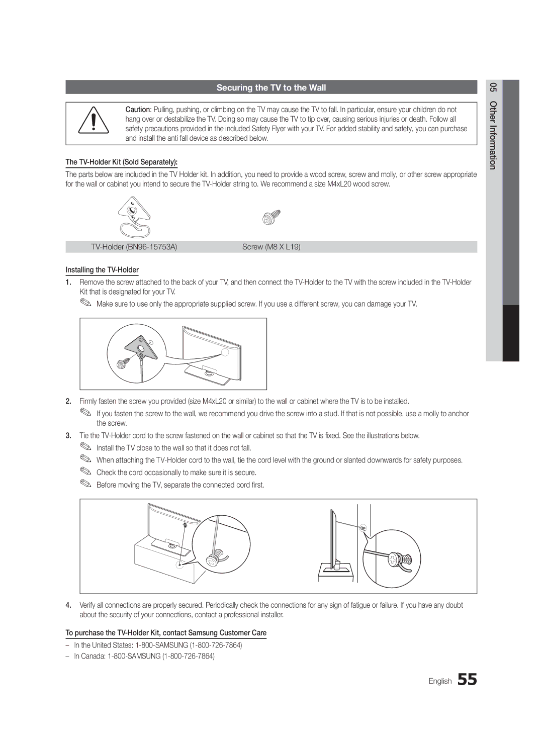 Samsung 6500 Securing the TV to the Wall, TV-Holder Kit Sold Separately, TV-Holder BN96-15753A, Installing the TV-Holder 