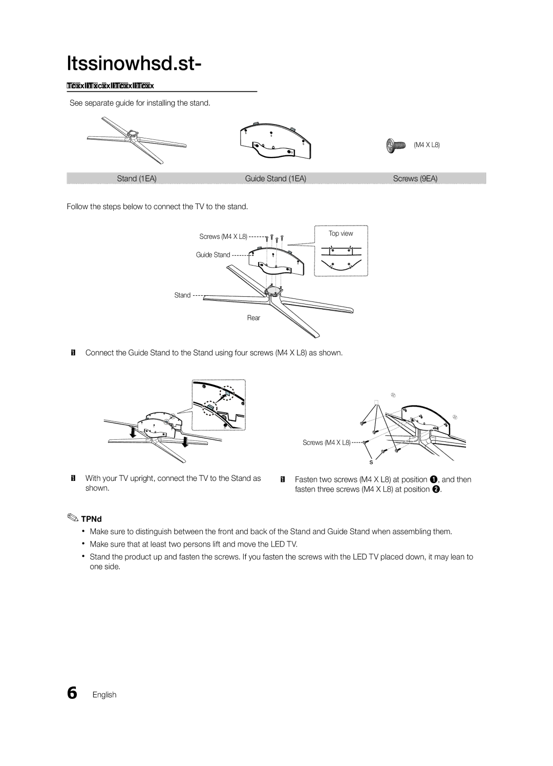 Samsung 6400, 6500 Screws 9EA, With your TV upright, connect the TV to the Stand as shown, Guide Stand Rear, M4 X L8 