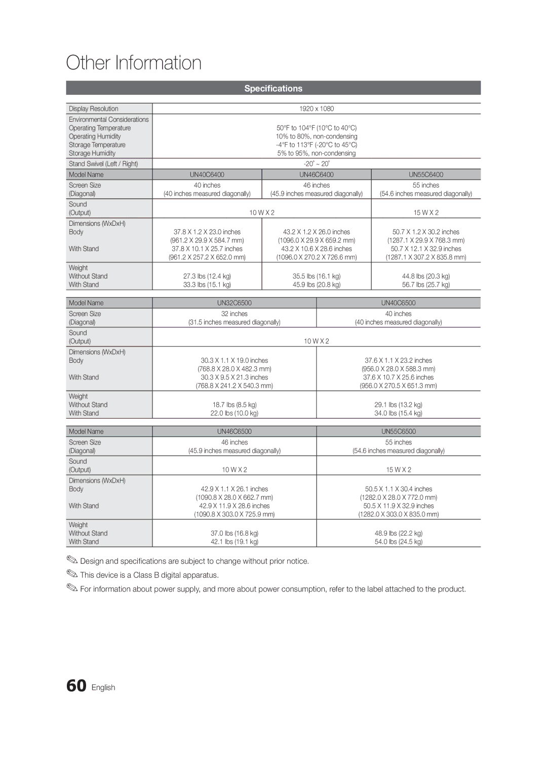 Samsung UN55C6400, UN46C6400, UN40C6500 user manual Specifications 