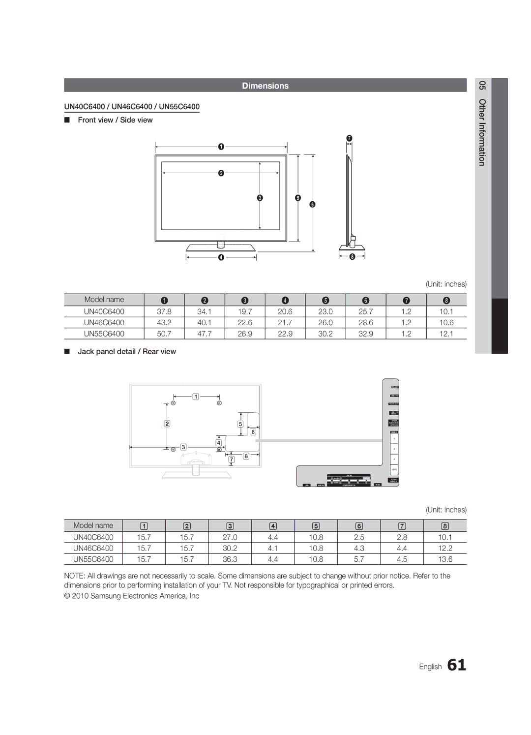 Samsung UN55C6400, UN46C6400, UN40C6500 user manual Dimensions 