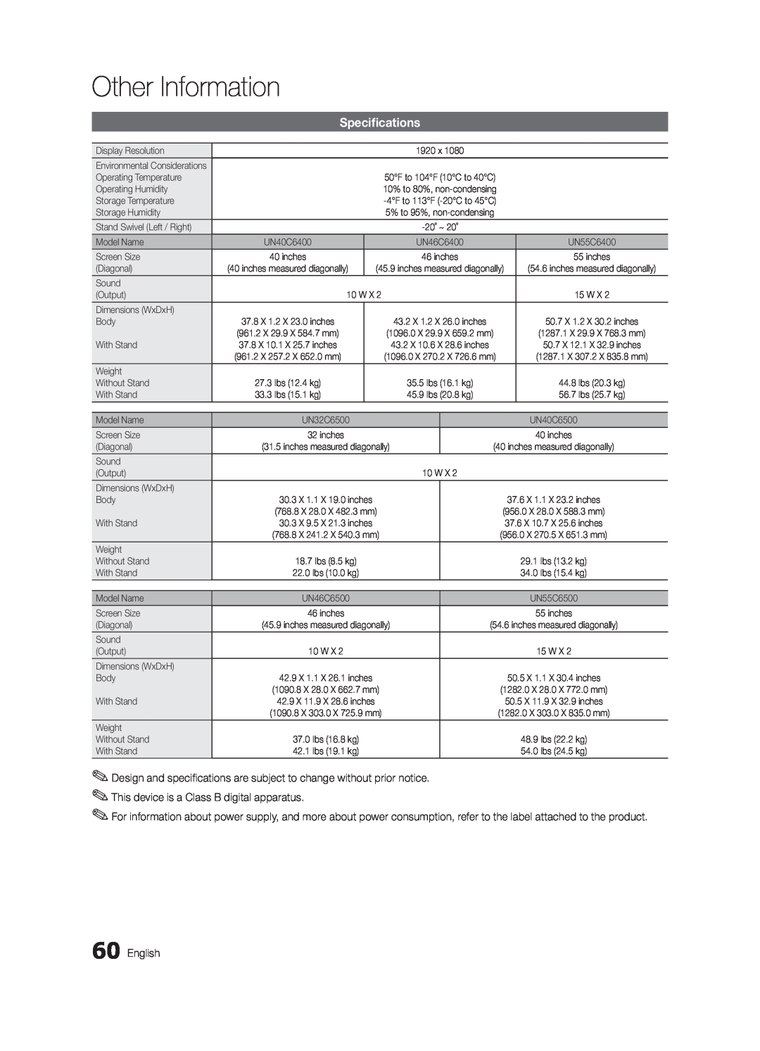 Samsung UN55C6400, UN46C6400, UN40C6500 user manual Specifications, Other Information 