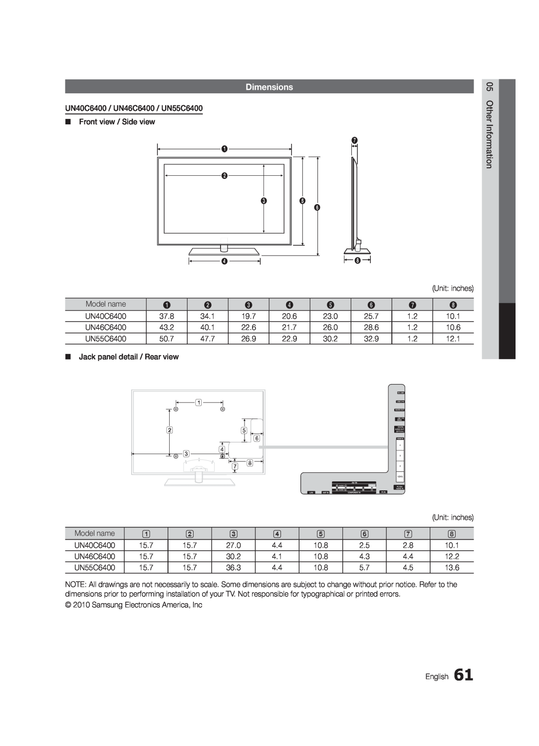 Samsung UN55C6400, UN46C6400, UN40C6500 user manual Dimensions 