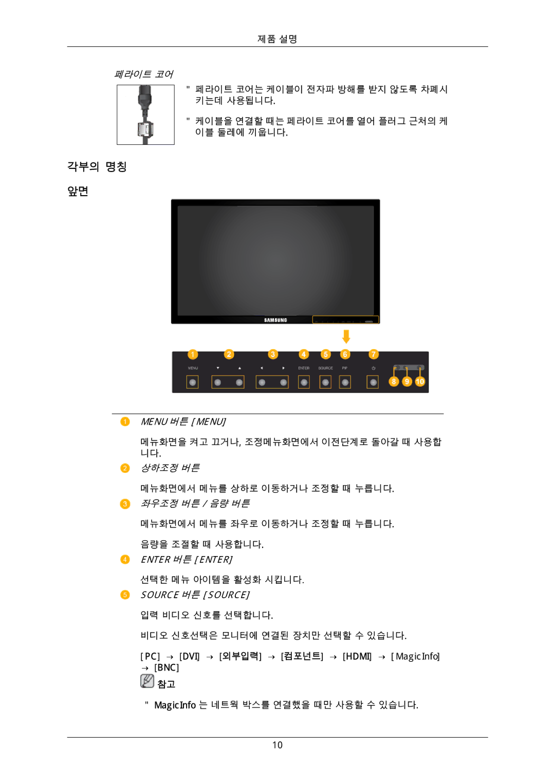 Samsung 650FP quick start 각부의 명칭, Menu 버튼 Menu 