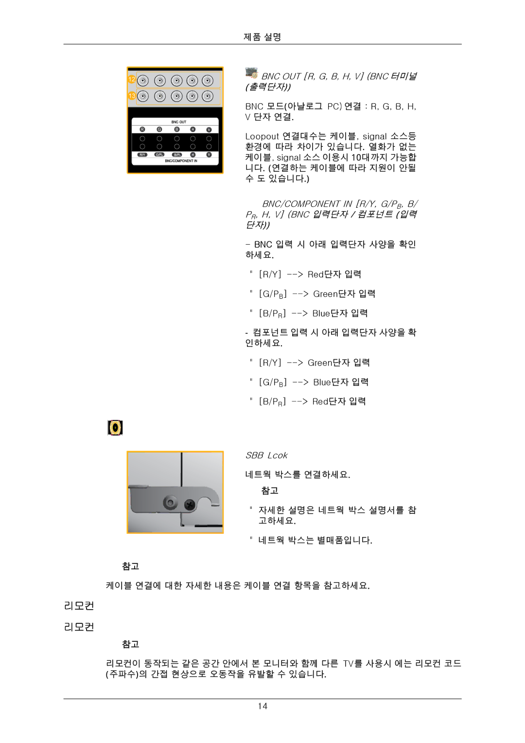 Samsung 650FP quick start 리모컨, BNC/COMPONENT in R/Y, G/PB, B 