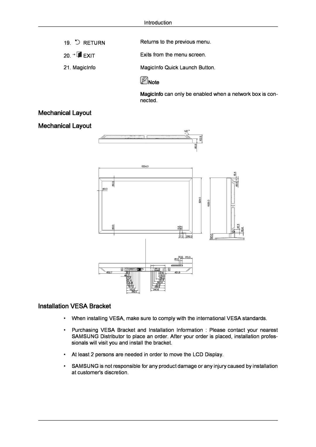 Samsung 650FP-2, 650MP-2 user manual Mechanical Layout Mechanical Layout Installation VESA Bracket 