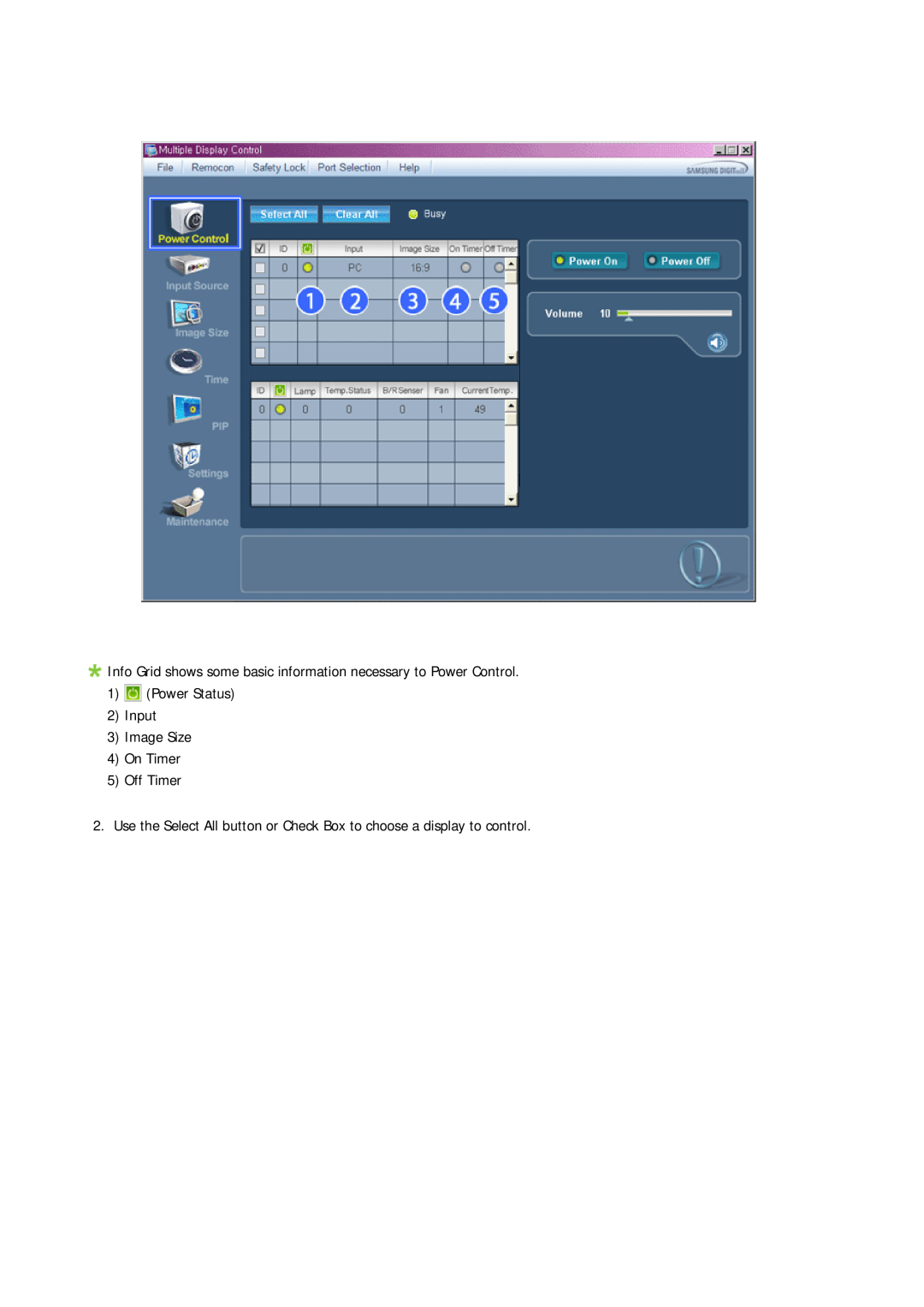 Samsung 650MP-2, 650FP-2 user manual Info Grid shows some basic information necessary to Power Control 