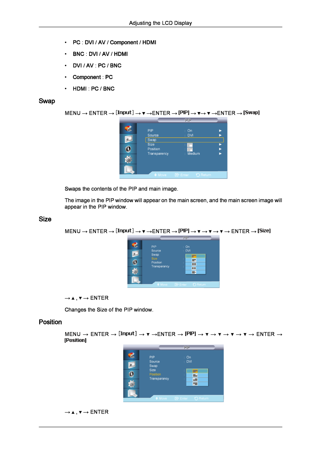 Samsung 650FP-2, 650MP-2 user manual Swap, Size, Position, PC DVI / AV / Component / HDMI BNC DVI / AV / HDMI 