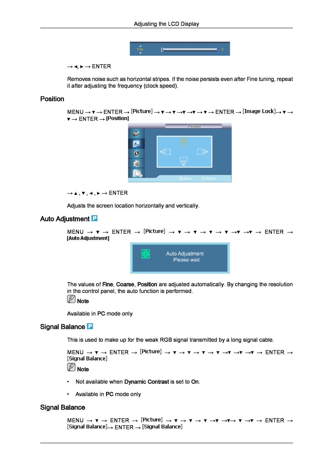 Samsung 650FP-2, 650MP-2 user manual Auto Adjustment, Signal Balance, Position 