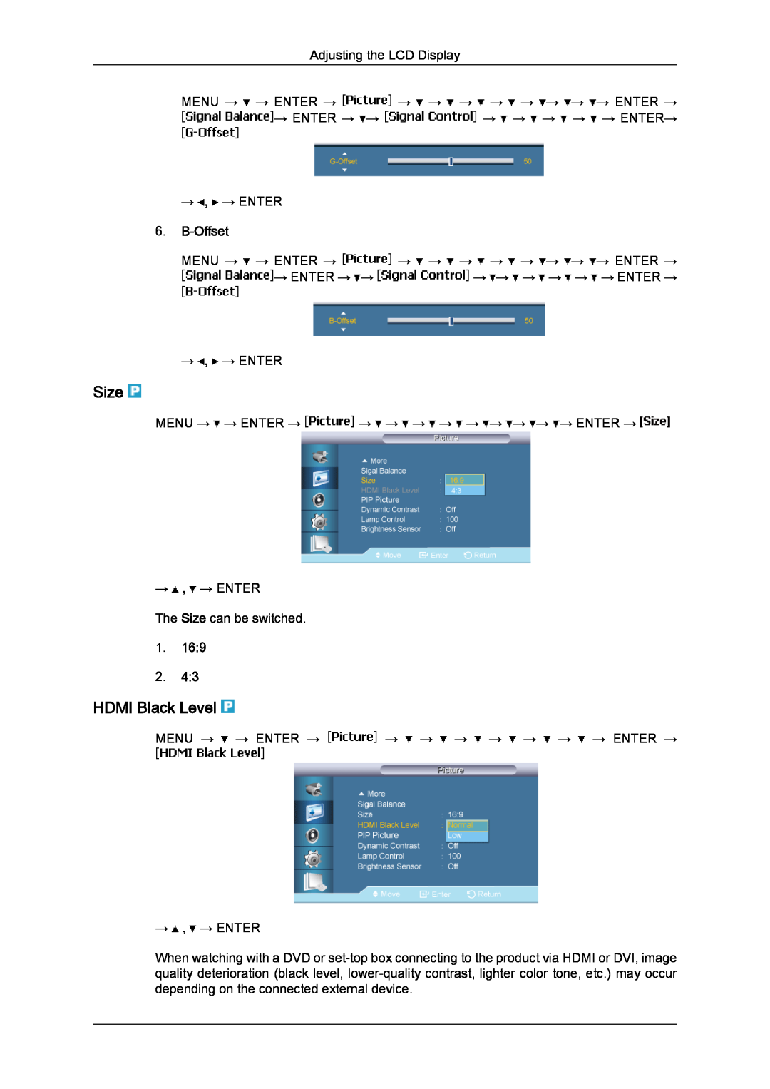 Samsung 650FP-2, 650MP-2 user manual HDMI Black Level, B-Offset, Size 
