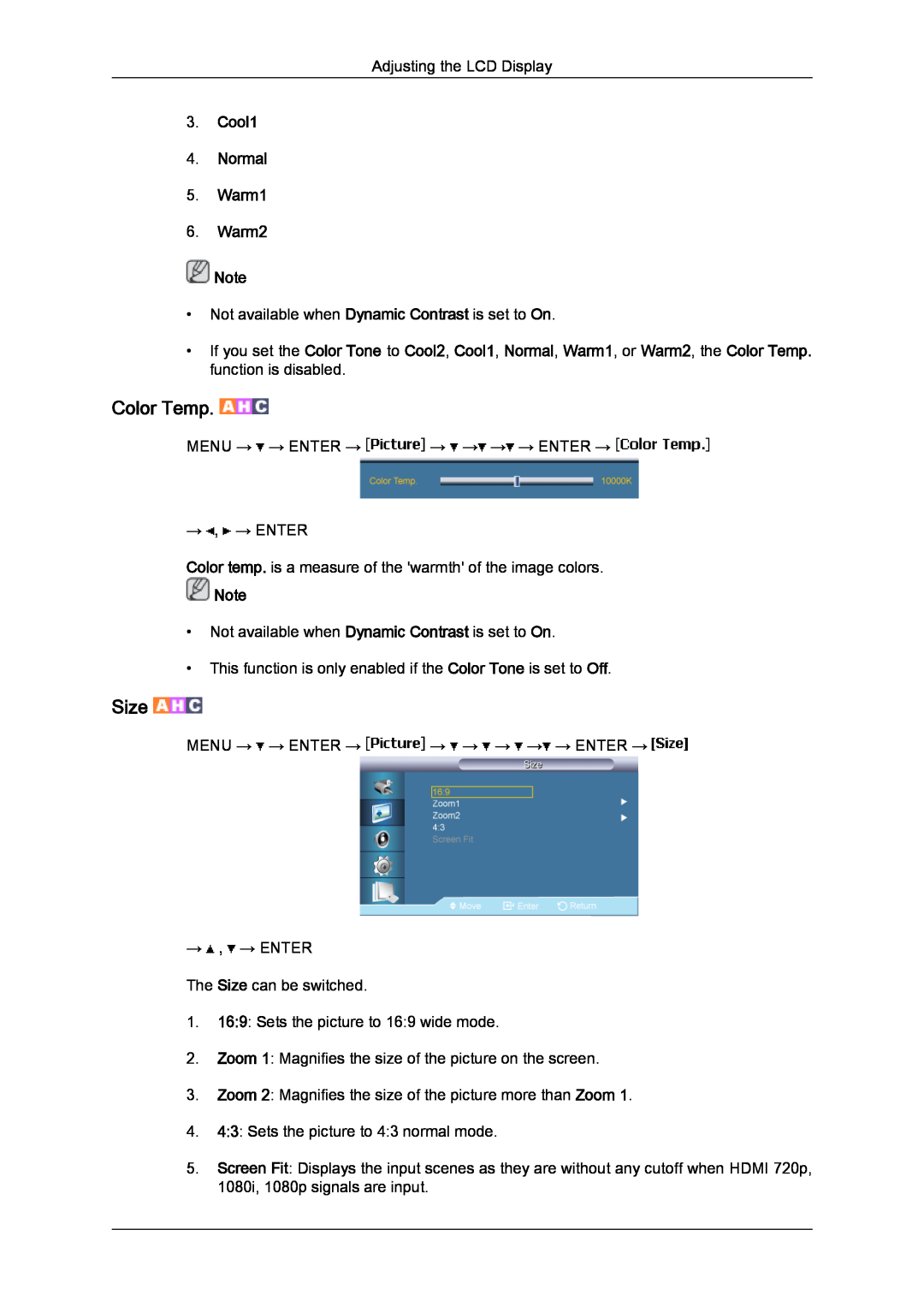 Samsung 650FP-2, 650MP-2 user manual Cool1 4. Normal 5. Warm1 6. Warm2, Color Temp, Size 