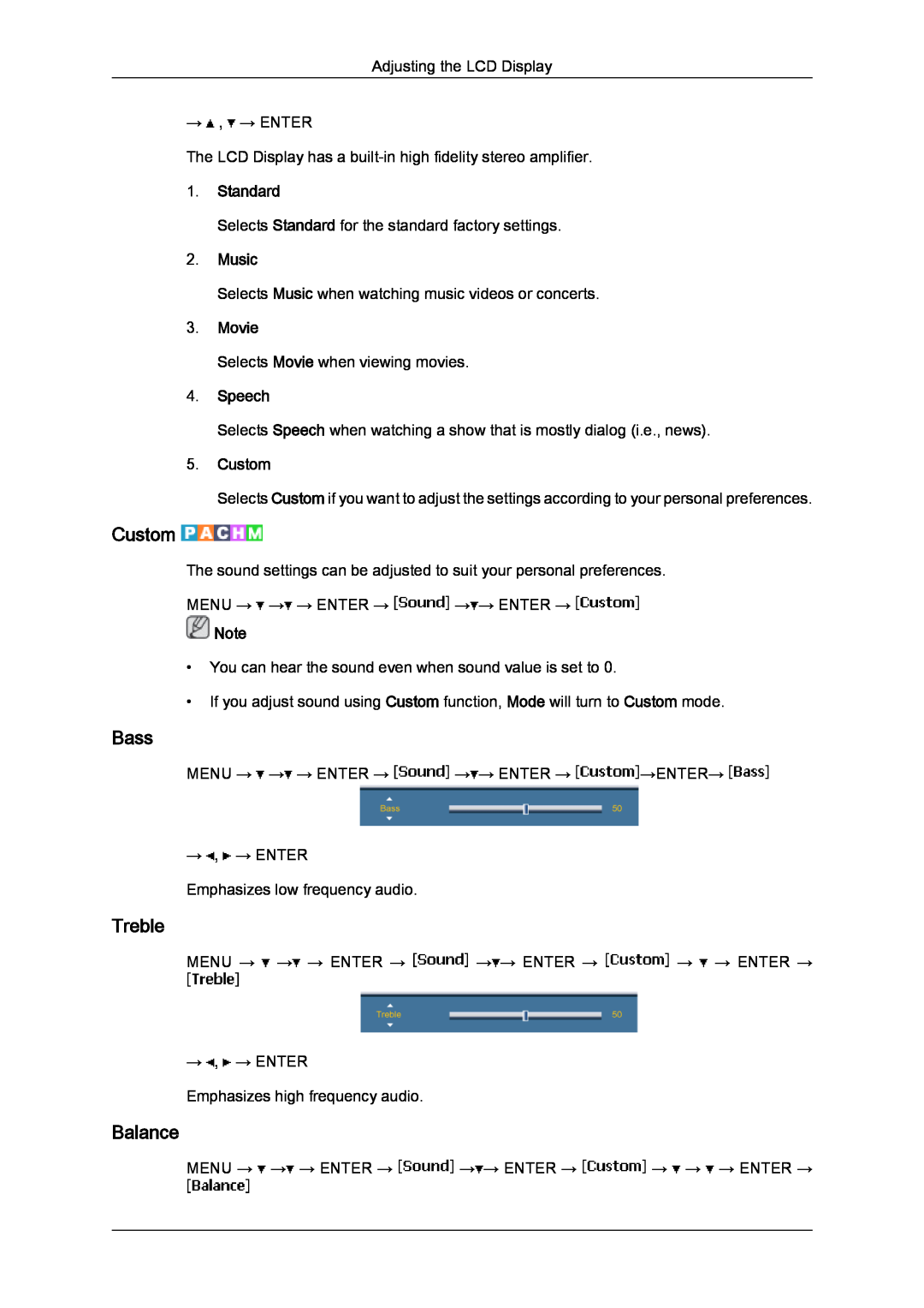 Samsung 650MP-2, 650FP-2 user manual Bass, Treble, Balance, Standard, Music, Movie, Speech, Custom 