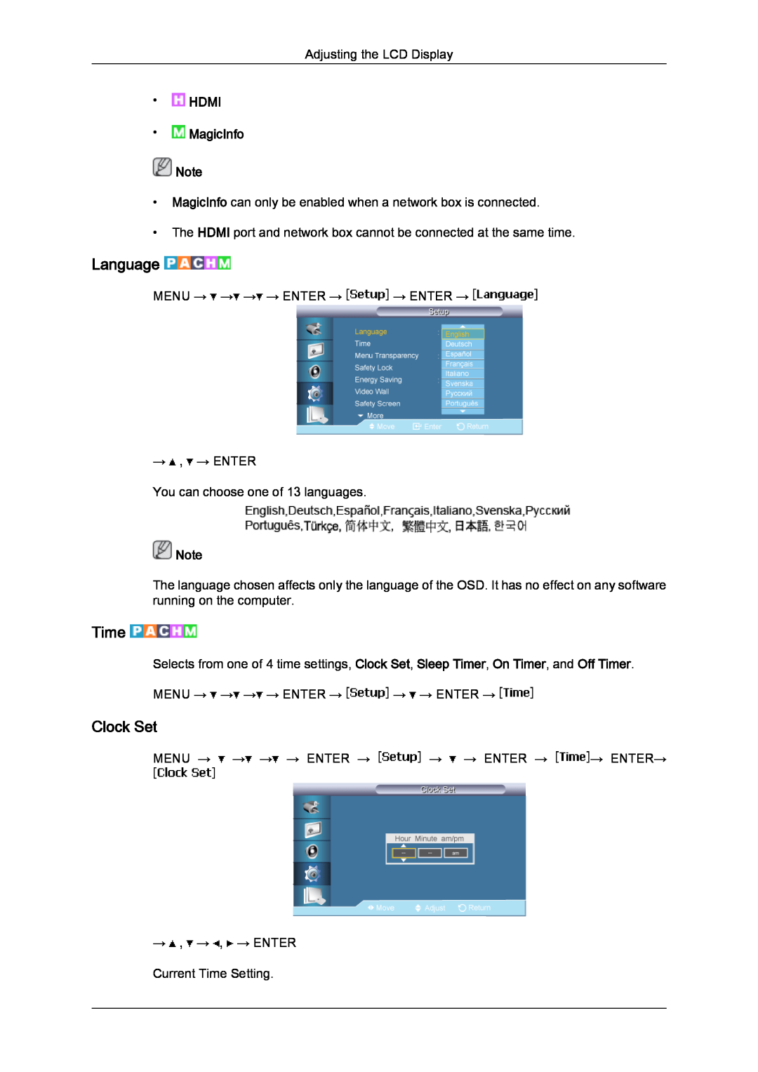 Samsung 650FP-2, 650MP-2 user manual Language, Time, Clock Set, HDMI MagicInfo 
