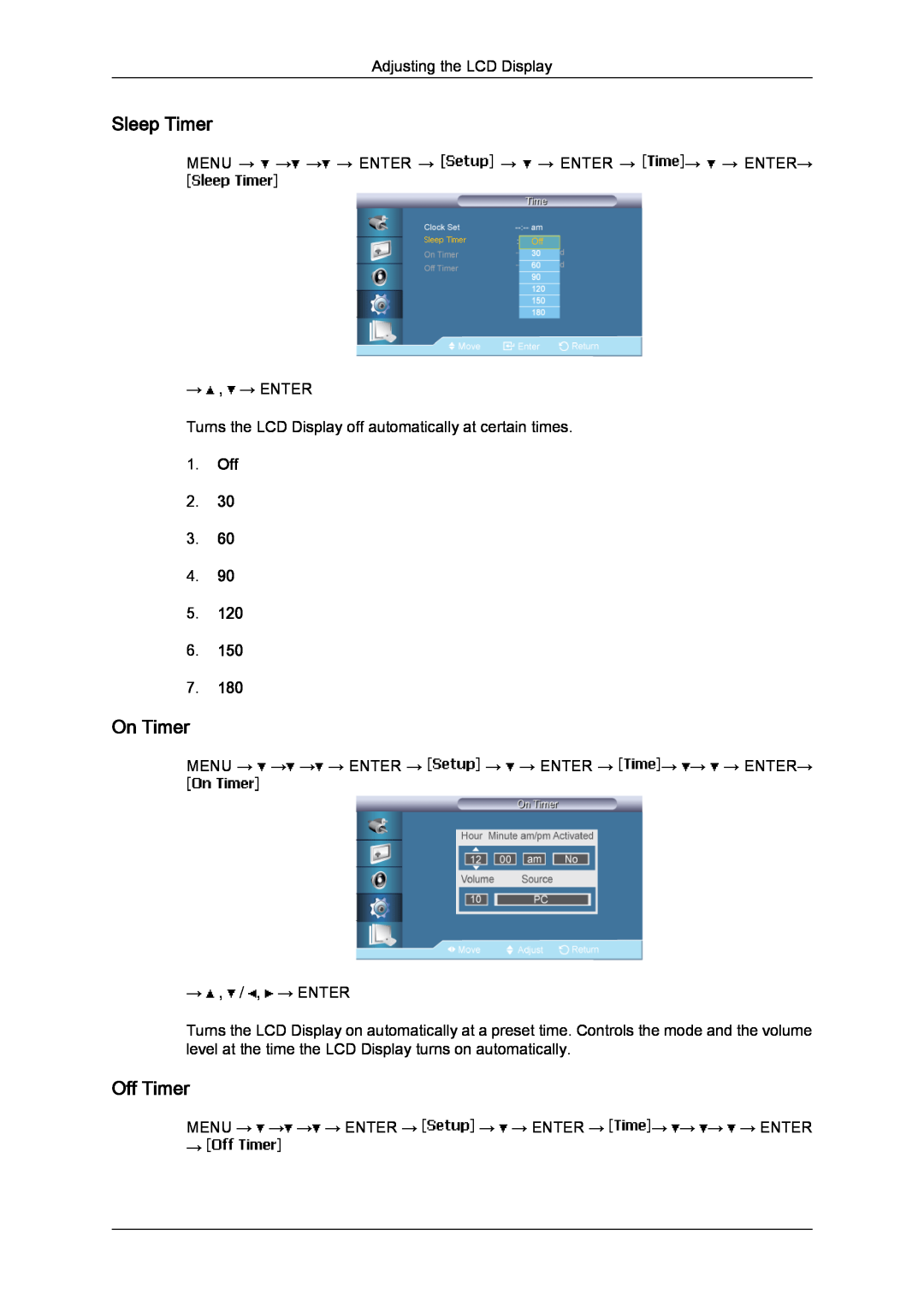 Samsung 650MP-2, 650FP-2 user manual Sleep Timer, On Timer, Off Timer 