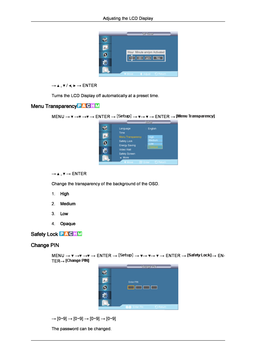 Samsung 650FP-2, 650MP-2 user manual Menu Transparency, Safety Lock Change PIN, High 2. Medium 3. Low 4. Opaque 