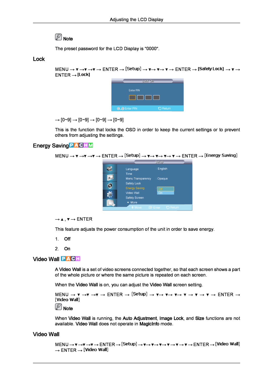 Samsung 650MP-2, 650FP-2 user manual Lock, Energy Saving, Video Wall, Off 2. On 