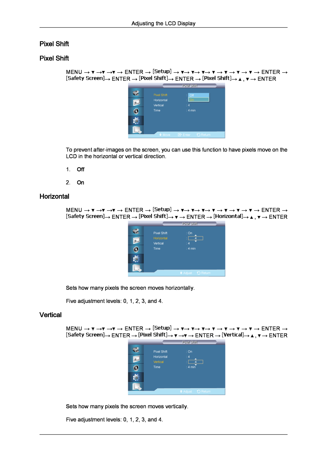 Samsung 650FP-2, 650MP-2 user manual Pixel Shift Pixel Shift, Horizontal, Vertical, Off 2. On 