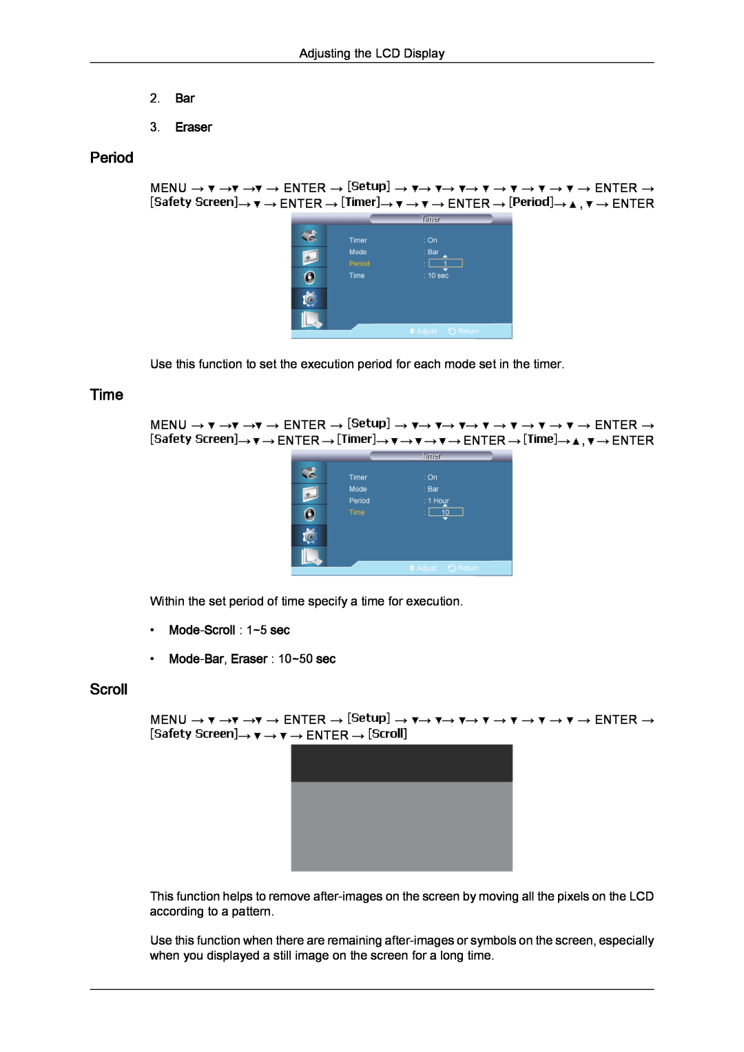Samsung 650FP-2, 650MP-2 user manual Period, Bar 3. Eraser, Mode-Scroll 1~5 sec Mode-Bar, Eraser 10~50 sec, Time 