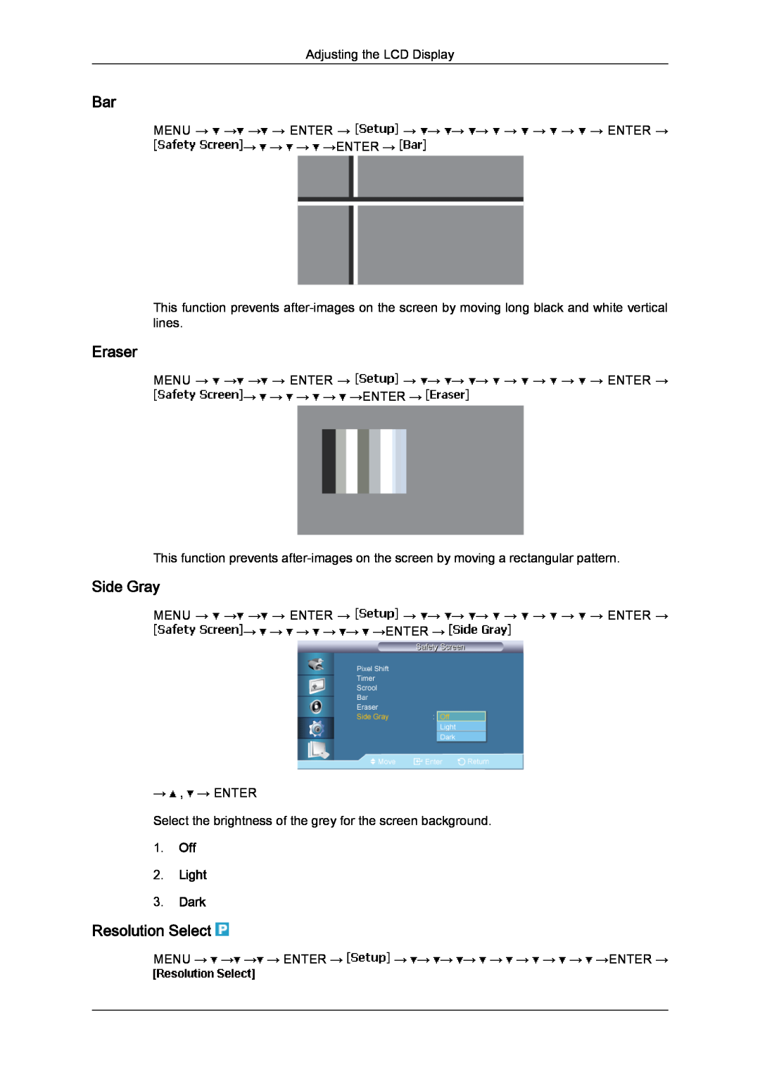 Samsung 650MP-2, 650FP-2 user manual Eraser, Side Gray, Resolution Select, Off 2. Light 3. Dark 