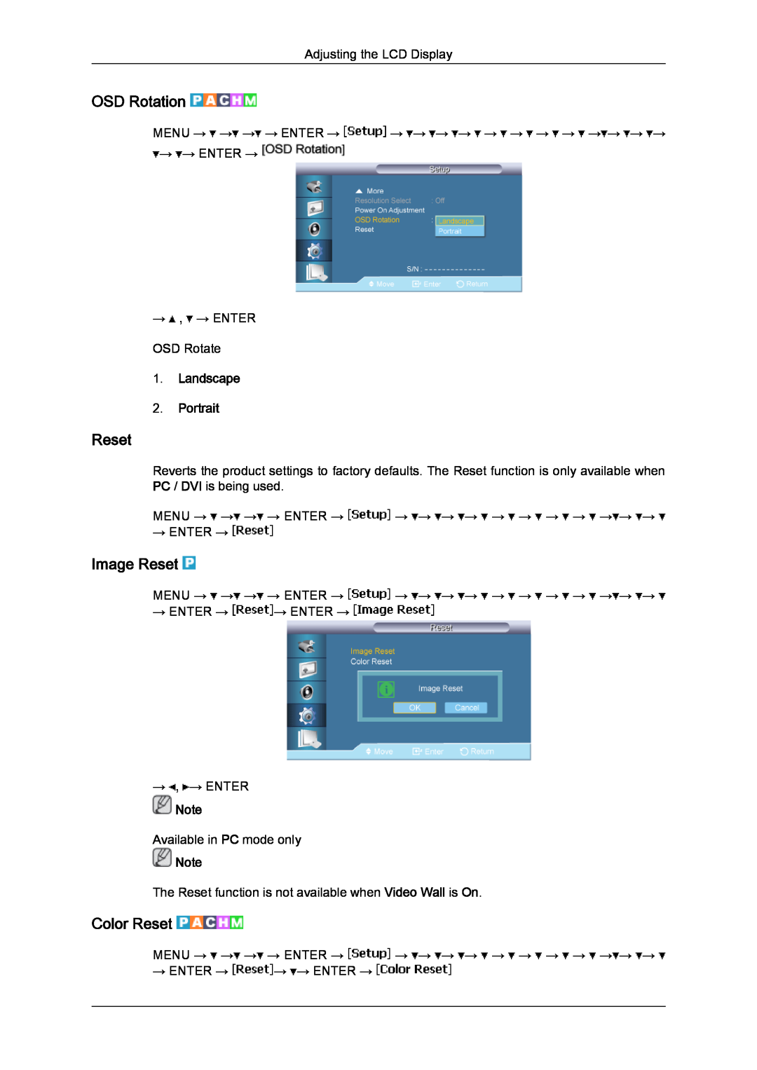 Samsung 650MP-2, 650FP-2 user manual OSD Rotation, Image Reset, Color Reset, Landscape 2. Portrait 
