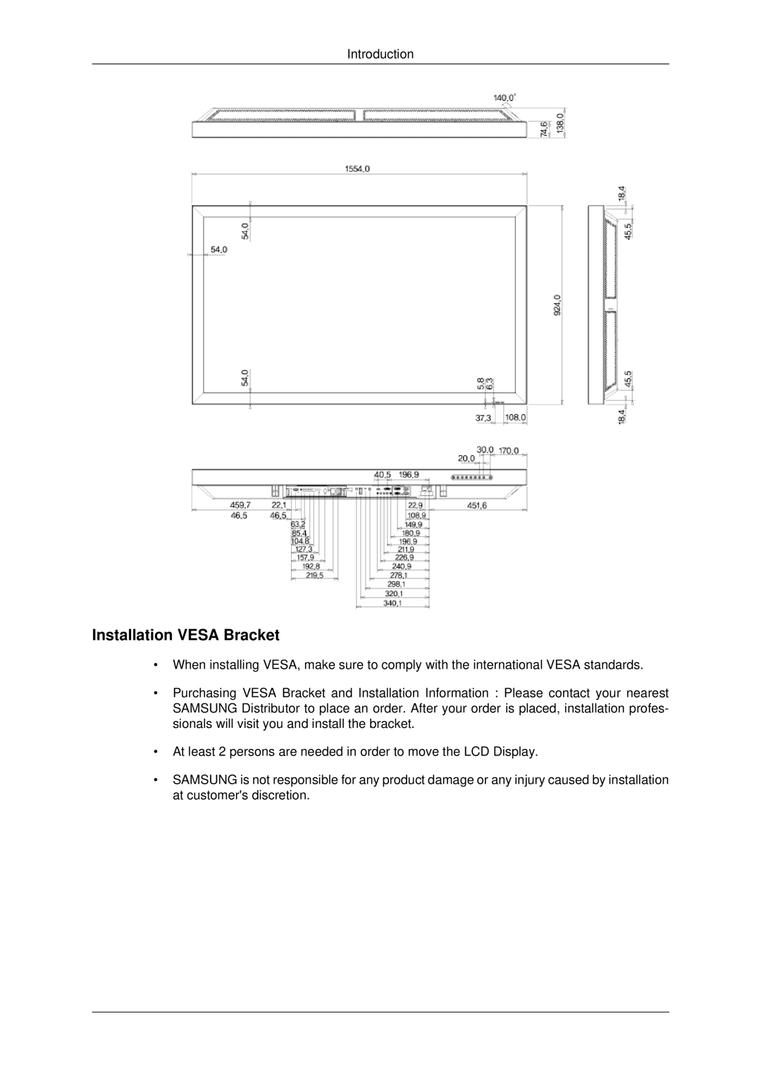 Samsung 650TS-2 user manual Installation Vesa Bracket 