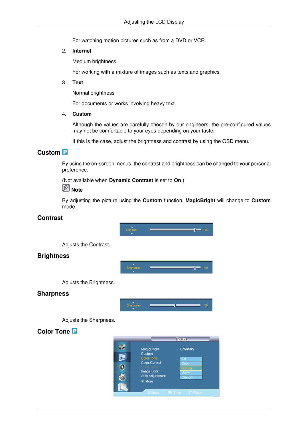 Samsung 650TS-2 user manual Custom, Contrast, Brightness, Sharpness, Color Tone 