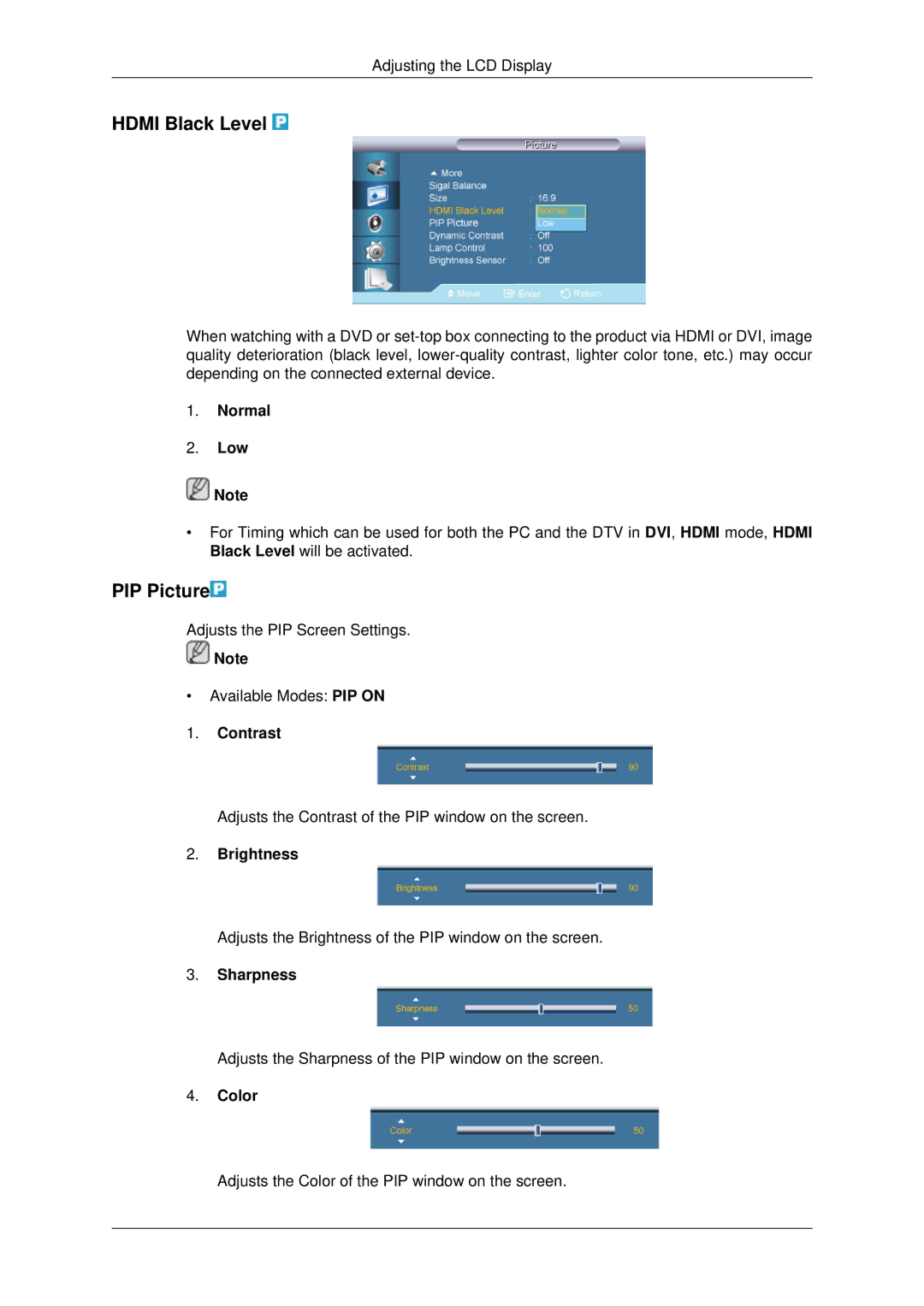 Samsung 650TS-2 user manual Hdmi Black Level, PIP Picture 