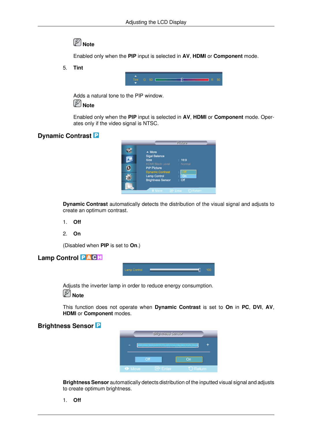 Samsung 650TS-2 user manual Dynamic Contrast, Lamp Control, Brightness Sensor, Tint 