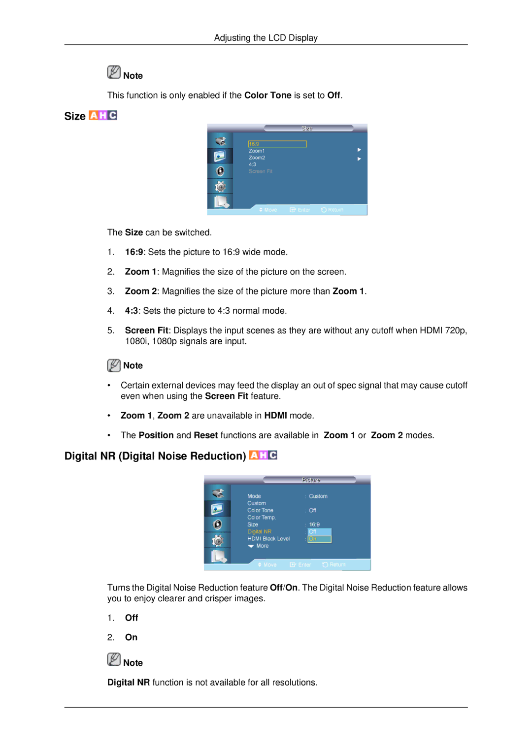 Samsung 650TS-2 user manual Size, Digital NR Digital Noise Reduction 