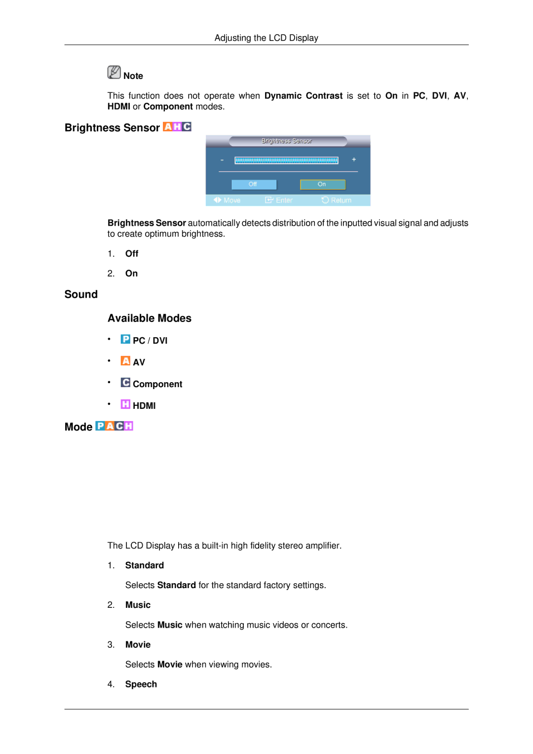 Samsung 650TS-2 user manual Sound Available Modes, Music, Speech 