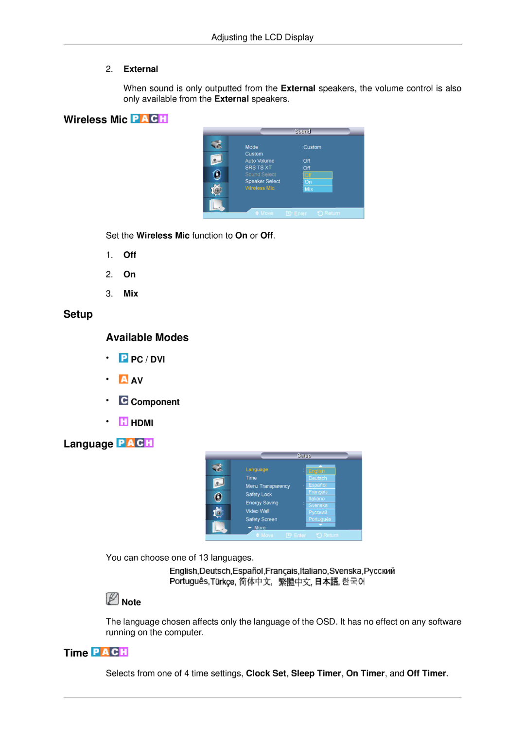 Samsung 650TS-2 user manual Wireless Mic, Setup Available Modes, Language, Time 