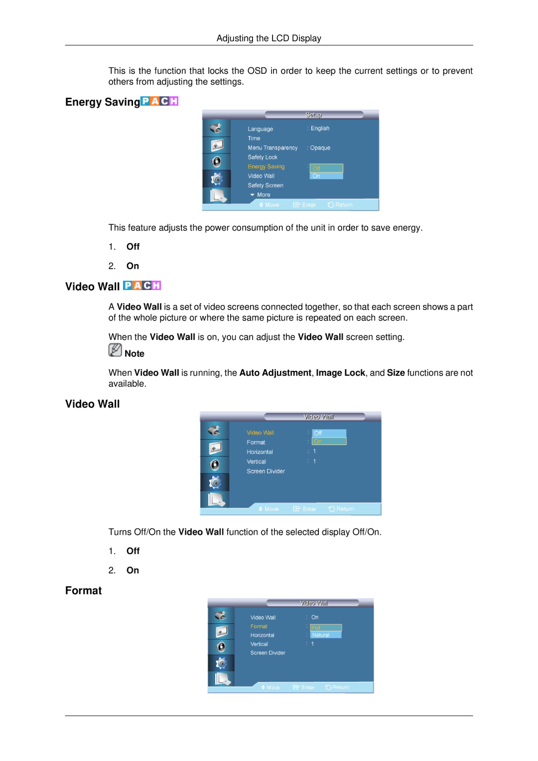 Samsung 650TS-2 user manual Energy Saving, Video Wall, Format 