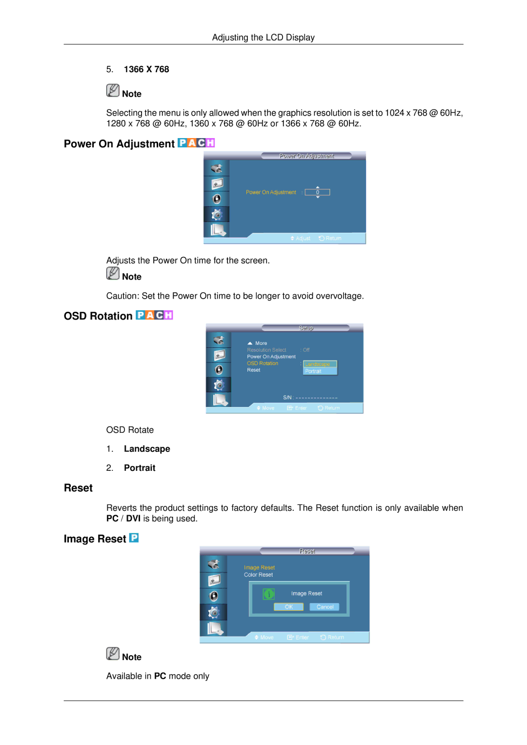 Samsung 650TS-2 user manual Power On Adjustment, OSD Rotation, Image Reset 