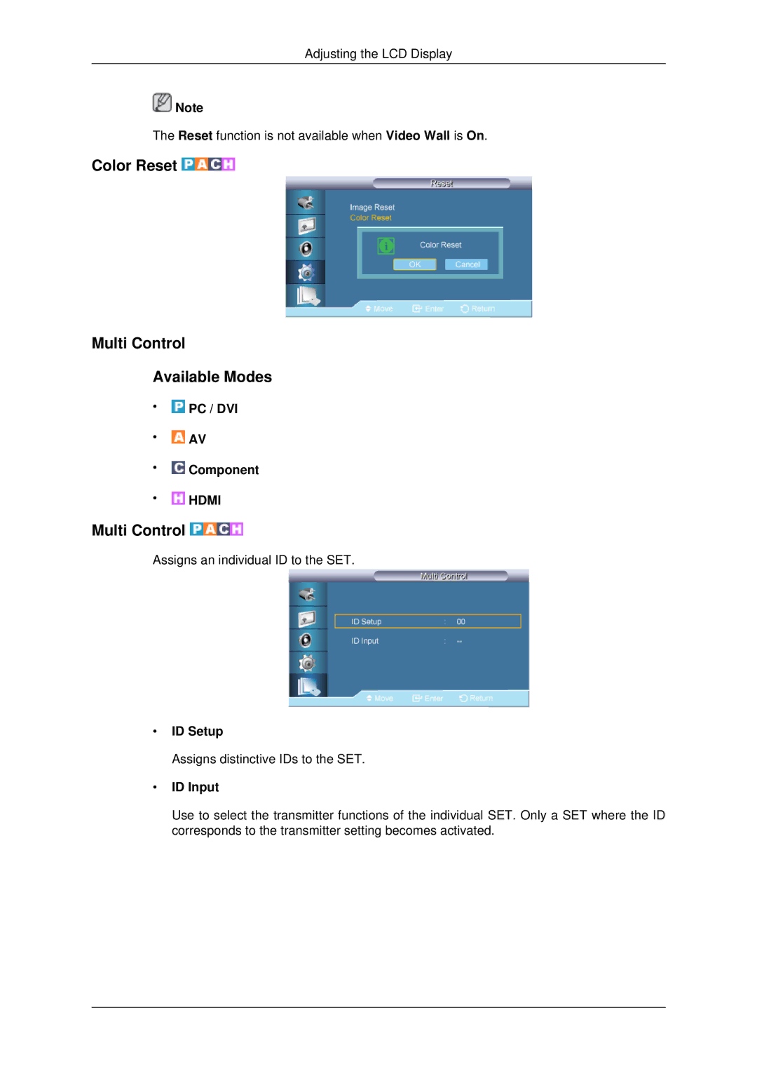 Samsung 650TS-2 user manual Color Reset Multi Control Available Modes, ID Setup, ID Input 