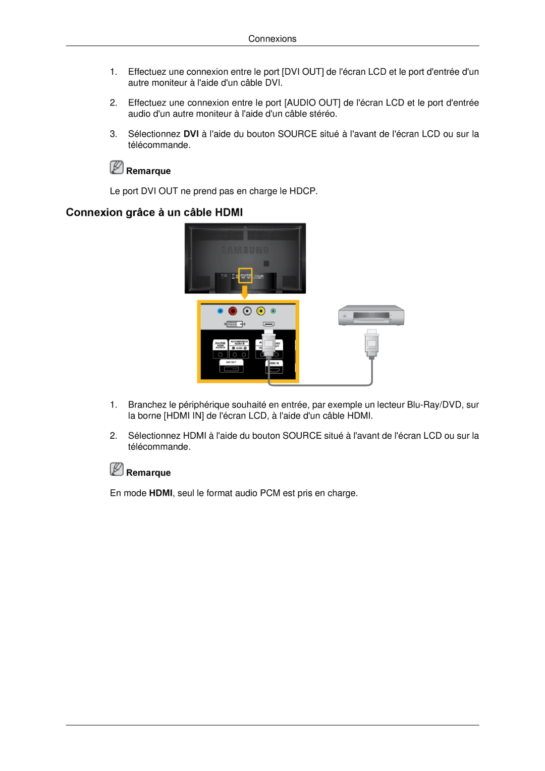 Samsung 650TS quick start Connexion grâce à un câble Hdmi 